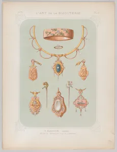 Jewelry Designs in Gold and Rose Gold, 1879. Creator: Jean François Barousse Jewelry Designs in Gold and Rose Gold, 1879. Creator: Jean François Barousse