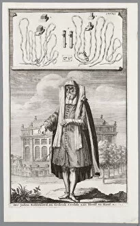 Luyken Collection: Jewish man, dressed for prayer. On the background the Portuguese Synagogue of Amsterdam