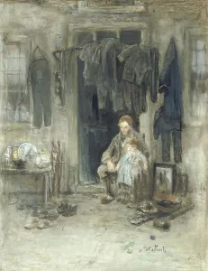 Dressmaker Prints: Jewish rag merchant and his daughter outside their house, c. 1888. Creator: Jozef Israels