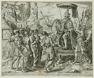 Book Of Daniel Prints: The Three Jews Brought Before Nebuchadnezzar, 1565. Creator: Philip Galle