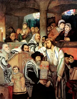 Praying Collection: Jews praying in the Synagogue on Yom Kippur, 1878. Artist: Maurycy Gottlieb