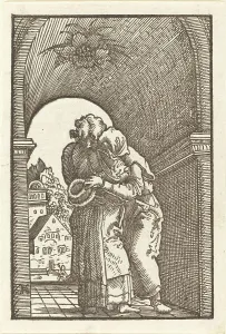 Altdorfer Albrecht Prints: Joachim Embracing Anna, c. 1513. Creator: Albrecht Altdorfer