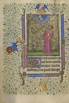 Blooming Prints: Job Pointing to a Blooming Shrub; Book of Hours, about 1410. Creator: Unknown