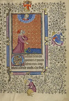 Master Of Egerton 1070 Prints: Job Pointing to a Cloak on the Ground; Book of Hours, about 1410. Creator: Unknown