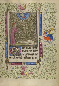Master Of Egerton 1070 Prints: Job Pointing to a Corpse on the Ground; Book of Hours, about 1410. Creator: Unknown
