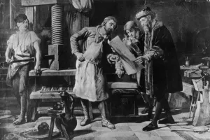 Gutenberg Prints: Johannes Gutenberg in his workshop