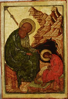 Tempera On Wood Prints: John the Evangelist and his disciple Prochoros, Russian icon, 1550-1599. Creator: Unknown