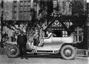 Beaulieu Collection: John Scott Montagu with Rolls Royce Silver Ghost outside Palace House 1910. Creator: Unknown