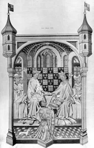 Gift Prints: John Talbot, Earl of Shrewsbury, presenting a book to Margaret of Anjou, c1445, (1910)