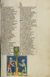 Jonathan Prints: Jonathan Disobeying the Prohibition to Eat; Weltchronik, about 1400-1410. Creator: Unknown