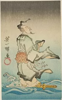 Joriken riding his sword across water, section of a sheet from an untitled harimaze