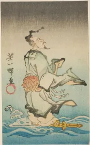 Joriken riding his sword across water, section of a sheet from an untitled harimaze