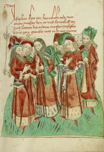 Josaphat Converses with the Astrologers; Barlaam und Josaphat, 1469. Creators: Hans Schilling, Diebolt Lauber