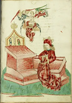 Josaphat Kneels Before an Altar, and sees his Father's Soul Lifted to Heaven by Angels, 1469. Creators: Hans Schilling, Diebolt Lauber