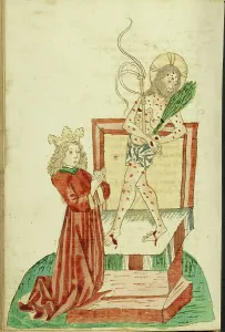 Josaphat Praying before the Man of Sorrows; Barlaam und Josaphat, 1469. Creators: Hans Schilling, Diebolt Lauber