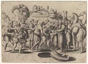 Rafaello Sanzio Gallery: Joseph in the centre being sold by his brothers standing above a well