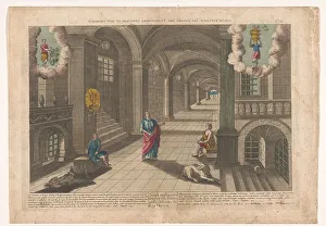 Baker Prints: Joseph explains the dreams of the baker and the cupbearer, 1700-1799. Creator: Anon