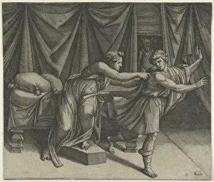 Accusation Gallery: Joseph fleeing from Potiphars wife, ca. 1515-25. Creator: Marcantonio Raimondi
