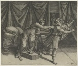 Rejection Prints: Joseph fleeing from Potiphars wife, ca. 1515-25. Creator: Marcantonio Raimondi