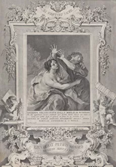 Joseph and Potiphar's wife, within an ornate frame, 1739. Creator: Pietro Monaco