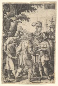 Payment Prints: Joseph sold to the merchants: a bearded man grasping Joseph with his left hand receives