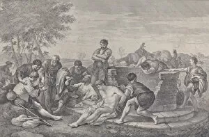 Joseph being sold into slavery by his brothers, who sit around a well dividing up the c