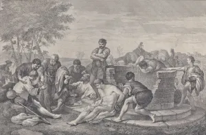 Joseph being sold into slavery by his brothers, who sit around a well dividing up the c Joseph being sold into slavery by his brothers, who sit around a well dividing up the c