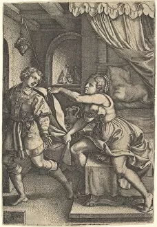 Joseph strides away from Potiphar's wife, who clutches his cloak with both hands as she