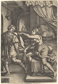 Joseph strides away from Potiphar's wife, who clutches his cloak with both hands as she Joseph strides away from Potiphar's wife, who clutches his cloak with both hands as she