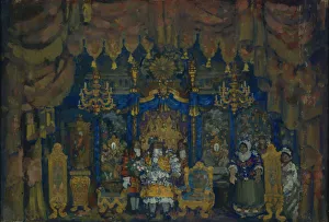 Moli Re Prints: Jourdains Room. Stage design for the theatre play A Bourgeois as a Nobleman by J