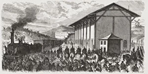 Rail Gallery: Journey of His Majesty King Alphonse XII to Valencia, train departure, engraving from 1875