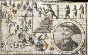 Library Of The University Gallery: Juan Ponce fights with the Florida people and they are going to be killed, engraving