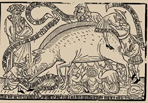 Jewish Life Prints: Judensau (Jews sow), ca 1470. Creator: Anonymous