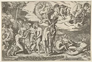 Marcantonio Gallery: Judgment of Paris: Paris extends his hand toward Venus, who stands between Juno