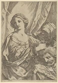 Judith Gallery: Judith grasping the head of Holofernes by the hair and looking to the left, an old wo