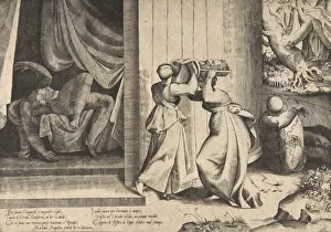 Judith passing the head of Holofernes to her maidservant, the decapitated Holofernes in