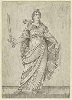 Judith standing on a ledge holding the head of Holofernes in her left hand.. 17th century. Creator: Anon