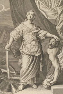 Judith standing and looking up, holding the head of Holofernes in her left hand