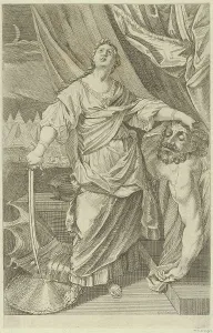 Judith standing and looking up, holding the head of Holofernes in her left hand and a... 1650-1750. Creator: Anon