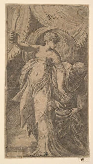 Judith with her sword raised in her right hand and placing the head of Holofernes i