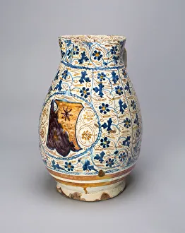 Faience Prints: Jug with Bartoli Coat of Arms, Valencia, Comunidad, 1458. Creator: Unknown