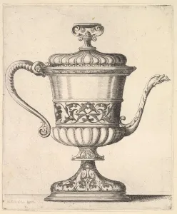 The Younger Gallery: Jug with lid, engraved with arabesque pattern, the narrow spout to right ending in snak