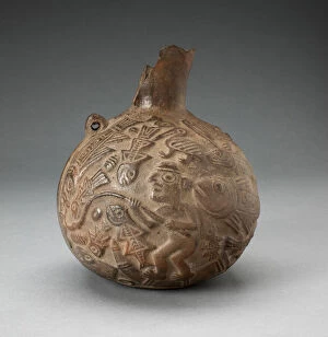 Andean Gallery: Jug with Relief Depicing Fishing Scene, 100 B.C. / A.D. 500. Creator: Unknown