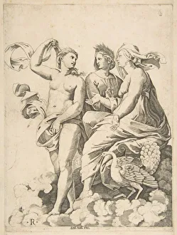 Sanzio Collection: Juno, Ceres, and Psyche in the clouds conversing, Juno seated with a peacock at her