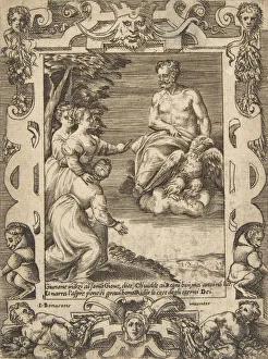 Juno at left asks Jupiter to help the Greeks, set within an elaborate frame, from the Juno at left asks Jupiter to help the Greeks, set within an elaborate frame, from the