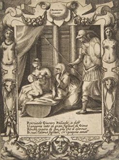 Breastfeeding Gallery: Juno persuading Athena to nurse the young Hercules, set within an elaborate frame