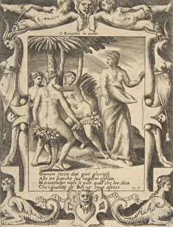 Consulting Prints: Juno at the right turning and speaking to the Fates, set within an elaborate frame, fro