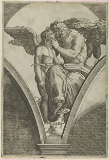 Jupiter embracing Cupid after Raphaels fresco in the Chigi Gallery of the Villa Fa... ca. 1517-20. Creator: Marcantonio Raimondi