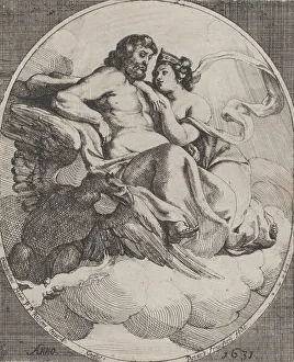 Thunder Prints: Jupiter and Juno seated on clouds, with an eagle holding thunderbolts below at left, 1631
