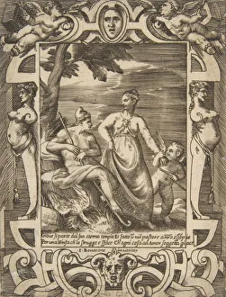Jupiter at left in the form of a shepherd accompanied by Mnemosyne, set within an elabo Jupiter at left in the form of a shepherd accompanied by Mnemosyne, set within an elabo